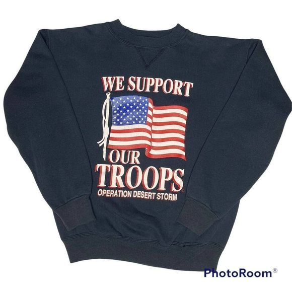 Vintage Desert Strom Sweatshirt We Support Our Troops Black Crew Neck Medium USA - Picture 2 of 7